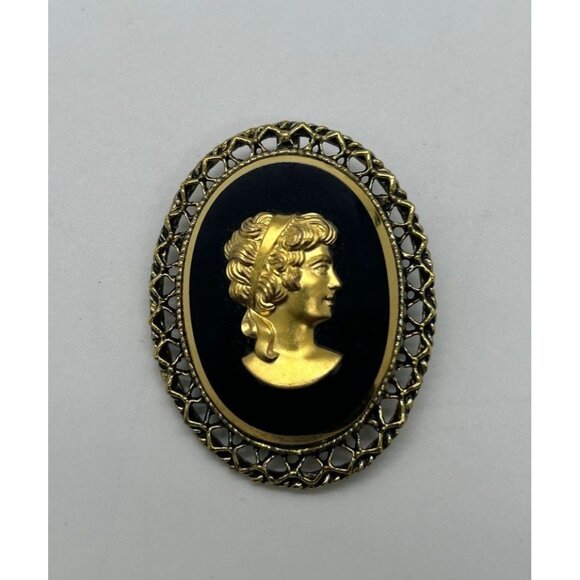 Vintage Cameo Brooch Black & Gold Oval Victorian Style Pin 2 inches - Picture 7 of 9